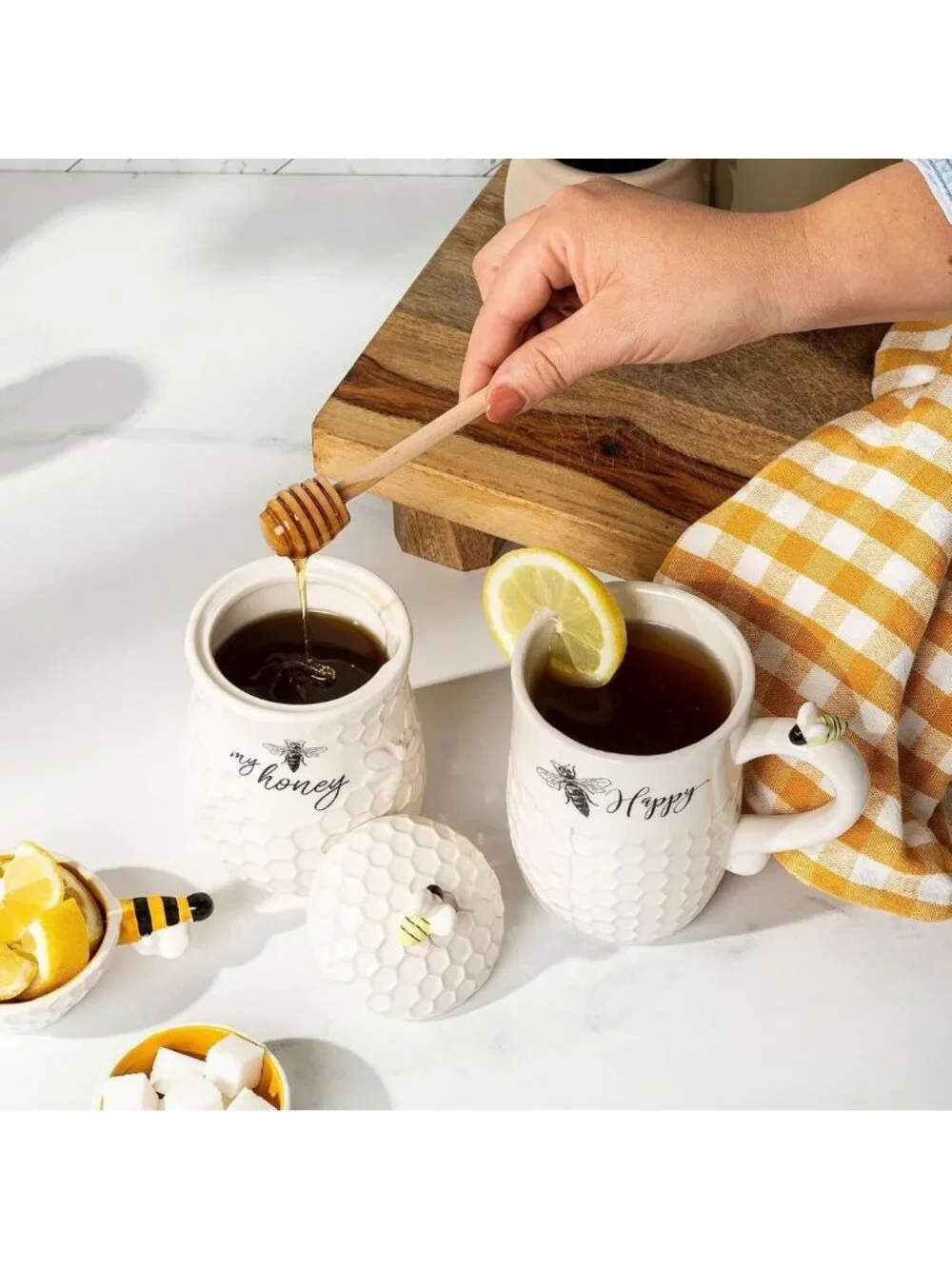 Ceramic Honey Jar with Lid & Wooden Dipper - Farmhouse Kitchen Decor, Tea
